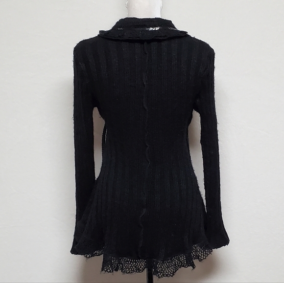 FORLA Paris Boho Goth Black Eyelet Lace Sequin Asymmetrical Tie-Waist Cardigan - Picture 12 of 16